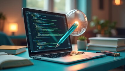 Laptop shows code with floating pen, digital age education, online courses, e-learning, tech with traditional learning. Globe bubble hovers, connecting global cyberspace, light, air, water.