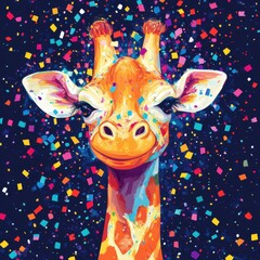A colorful happy giraffe surrounded by sparkling confetti particles