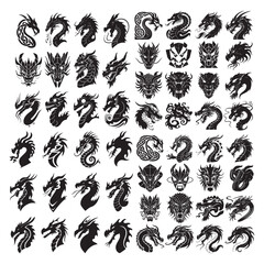 Dragon Head silhouette logo white background set Dragon head Tribal dragon silhouette logo design, dragon vector icon