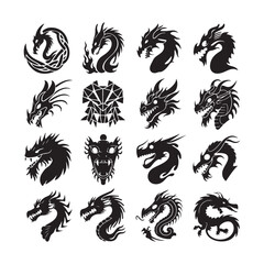 Dragon Head silhouette logo white background set Dragon head Tribal dragon silhouette logo design, dragon vector icon
