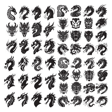 Dragon Head silhouette logo white background set Dragon head Tribal dragon silhouette logo design, dragon vector icon