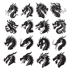 Dragon Head silhouette logo white background set Dragon head Tribal dragon silhouette logo design, dragon vector icon