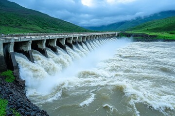 A dam with emergency floodgates fully open, releasing a thunderous cascade of water