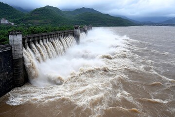 A dam with emergency floodgates fully open, releasing a thunderous cascade of water