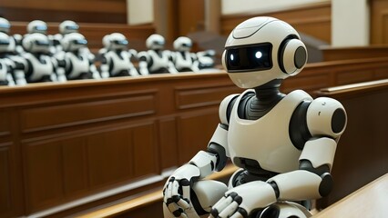 Robots seated in a courtroom setting, resembling a mock trial or futuristic legal scenario. Concept Futuristic Courtroom, Robot Jurors, Mock Trial Scenario, AI in Justice, Legal Technology Advances