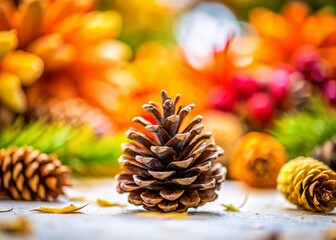 Fototapeta premium Single Pine Cone Macro, Surreal White Background, Selective Focus, Autumn Nature Photography