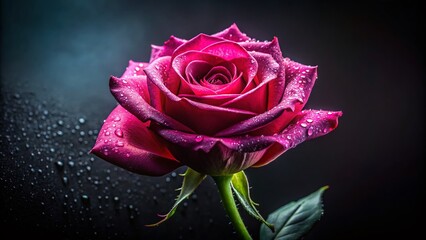 Single Pink Rose in Low Light, Dark Background, Dramatic Bloom