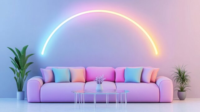 A modern living room with pastel neon lights, creating an atmosphere of fun and creativity.