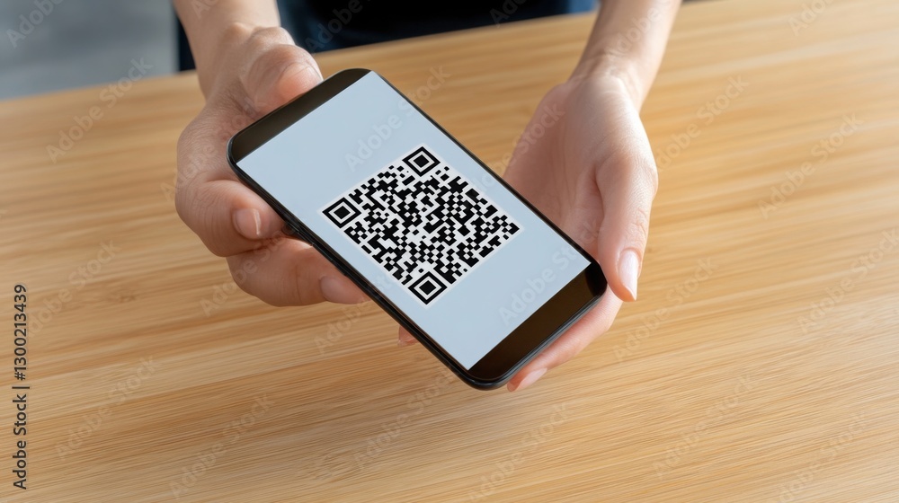 Poster a person scanning a qr code with a smartphone to complete a bitcoin payment at a sleek