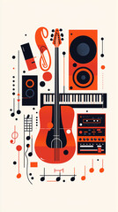 Colorful illustration featuring musical instruments like a guitar, keyboard, and speakers, surrounded by musical notes on a light background.