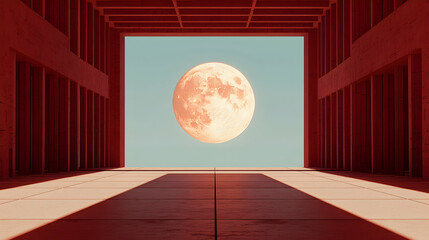 Pixel Art Full Moon in Red Geometric Building Interior