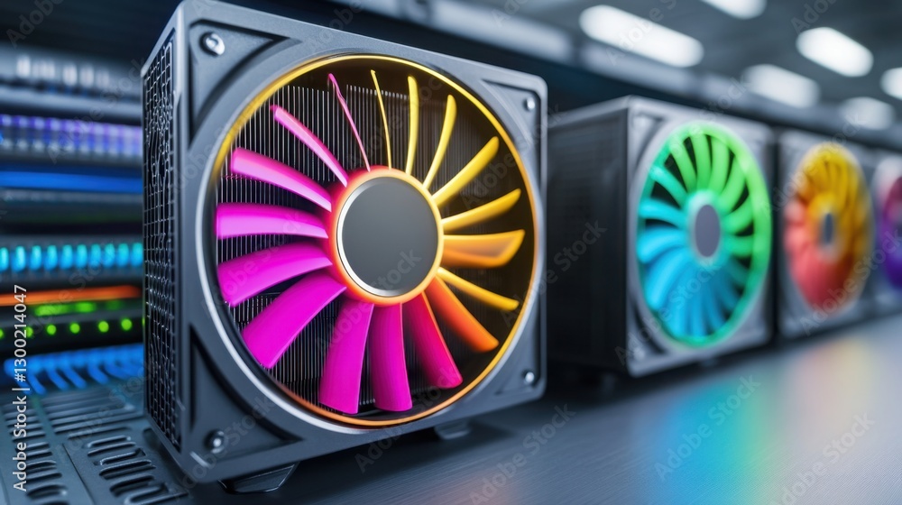 Poster a powerful cryptocurrency mining rig with multiple gpus, illuminated by colorful led fans