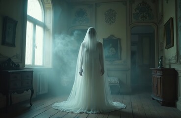 Ethereal ghost in haunted house. Semitransparent spirit in vintage dress. Old spooky mansion interior. Mysterious woman silhouette. Supernatural fantasy scene. Halloween concept. Horror movie,
