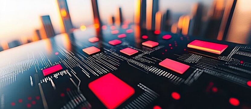 Abstract Digital Circuit Design With Vivid Red Elements and Sunset Background