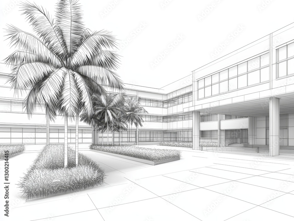 Poster 3d rendering of a modern building with palm trees, architectural visualization modern
