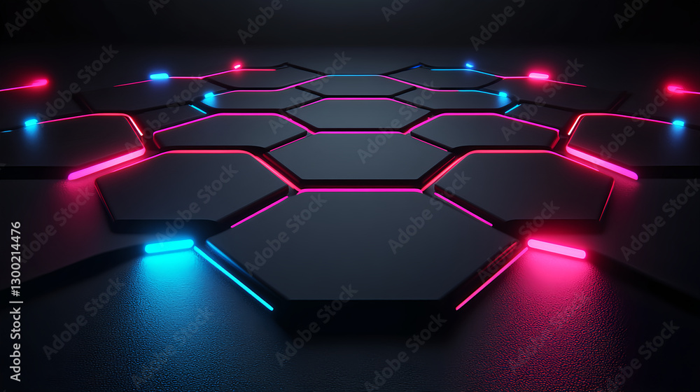 Poster dynamic neon hexagon pattern abstract digital art futuristic environment dark background vibrant col
