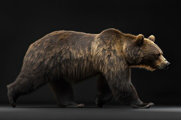 Obraz premium A brown bear walking in front of a dark background, for natural or animal illustrations