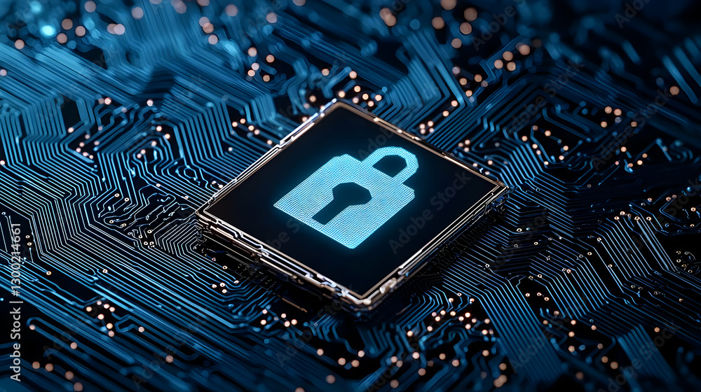 Poster illuminated lock icon on blue circuit board representing digital security and data protection
