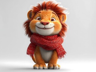 Playful cartoon lion in red scarf studio character illustration cheerful