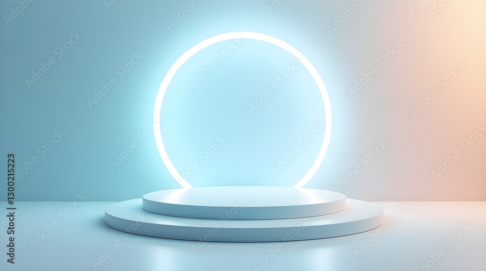 Aufkleber modern minimalist white platform with neon circle ring light - abstract presentation product showcas