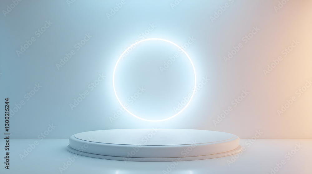 Poster white minimalist product podium neon circle light display gradient background