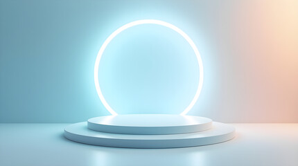 Modern Minimalist White Platform with Neon Circle Ring Light - Abstract Presentation Product Showcase Display Backdrop Studio Scene Stage Setting Background