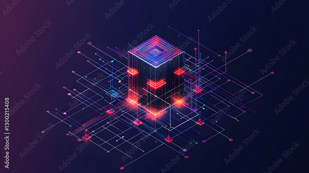 Poster abstract digital cube structure with glowing lines and dots on blue and purple background