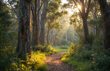 Obraz premium Sunlight filters through gum tree forest, illuminates dirt path in Australian bush. Native eucalyptus trees, shrubs create scenic woodland. Adventure travel destination for nature lovers, hikers.