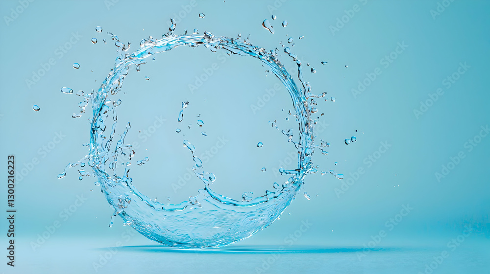 Poster circular water splash in turquoise background capturing dynamic fluid motion and transparent droplet