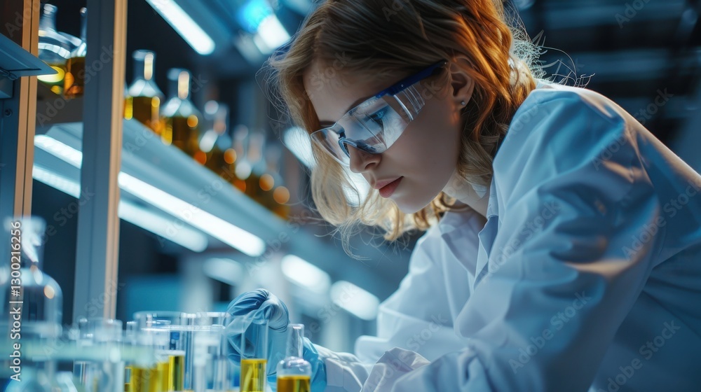 Poster young scientist conducting experiment with beakers and test tubes in laboratory setting focused on s