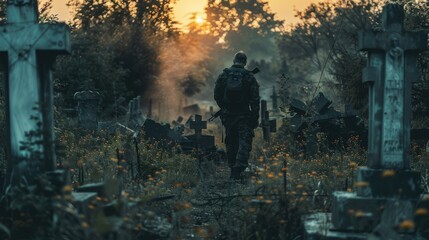 Soldier Walking through an Abandoned Cemetery at Sunset with Crosses Surrounded by Fog and Wildflowers