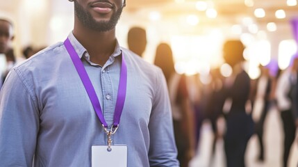 Man Wearing Purple Lanyard And Blank Id Badge At Event