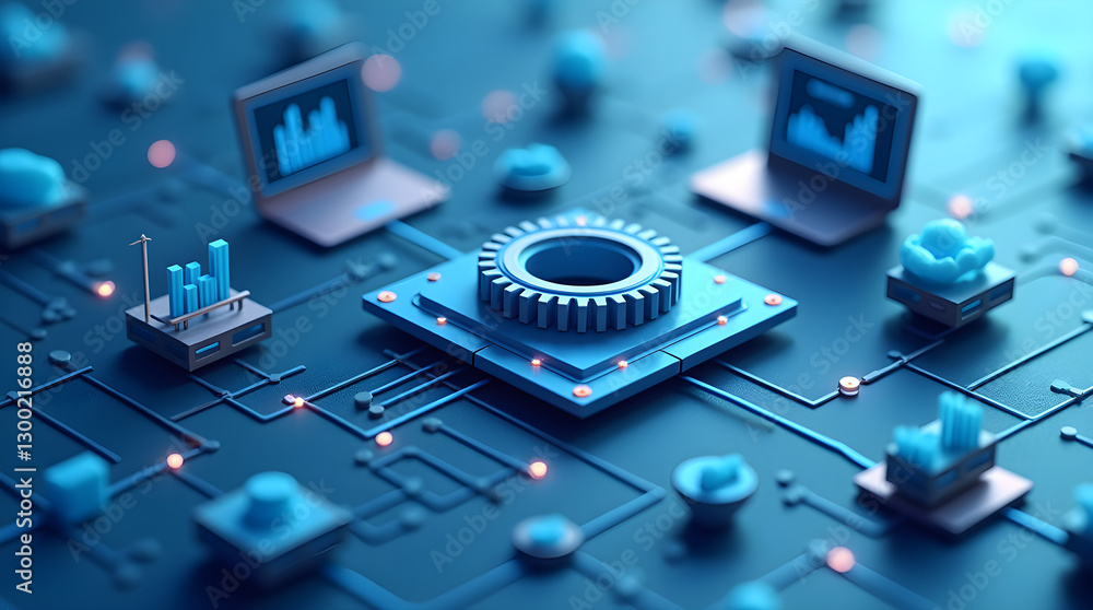 Poster futuristic 3d cyber network ai chip data analytics blue design