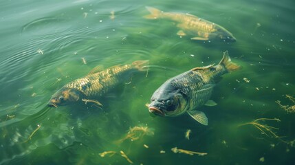 Freshwater Fish Swimming in Green Water with Algae and Natural Habitat Elements