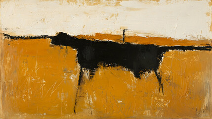 Abstract Black Dog in Golden Field Landscape Painting