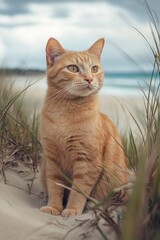 Obraz premium Orange cat beach dune grass ocean