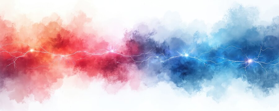 Illustration with dynamic energy bolts, electric discharges on red, blue smoke background. Vivid lightning strikes, power flashes, electrostatic effect. Thunder, plasma elements for science designs.