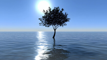 Solitary Tree Silhouette Reflected in Calm Blue Water Under Bright Sun