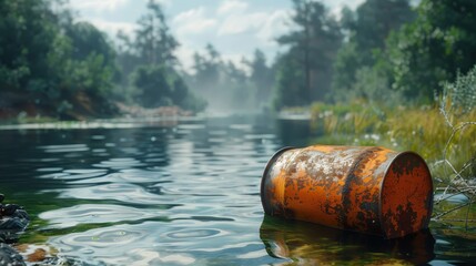 Fototapeta premium Pollution in Nature: Abandoned Orange Barrel in Calm Water Surrounded by Lush Greenery and Misty Forest Background