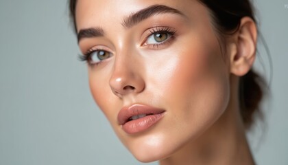 Naklejka premium Close-up of flawless young woman face with glowing skin, perfect eyebrows, natural makeup. Beauty portrait of female model with elegant, fresh, radiant complexion for skincare campaigns.