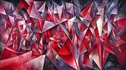 Abstract Red Cubist Painting, Gallery Wall, Modern Art, Geometric Shapes, Background Texture, for Interior Design