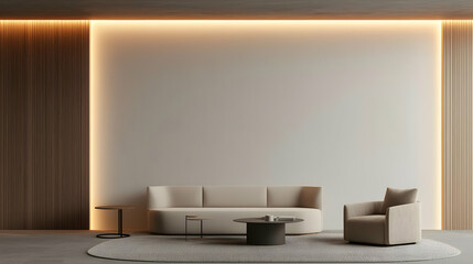 Modern Living Room Interior Design Featuring Beige Sofa Wooden Panel and Concrete Floor with Warm Lighting