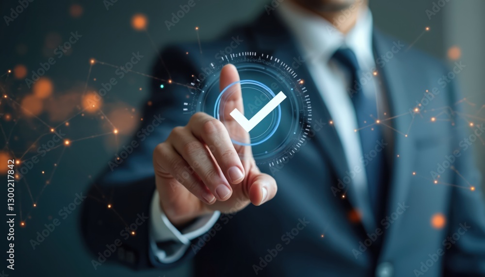 Poster businessman interacts with virtual interface, marking tasks with checkmark. efficient processes, mod