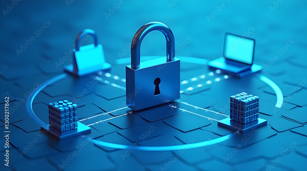 Poster cybersecurity network security padlock computers data cubes blue metallic technology illustration