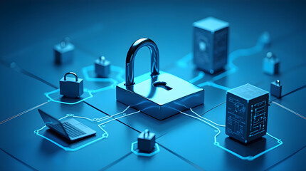 Blue 3D Cybersecurity Network: Padlocks, Servers, Laptop