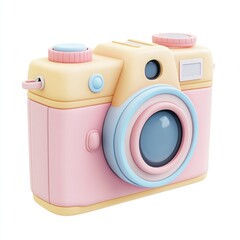 Colorful toy camera with pastel design sits on a plain background, perfect for creative photography play