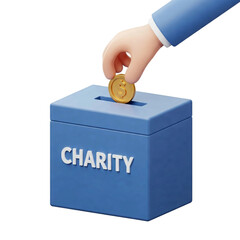 3D rendered hand putting gold coin into blue charity box, transparent background, donation concept.
