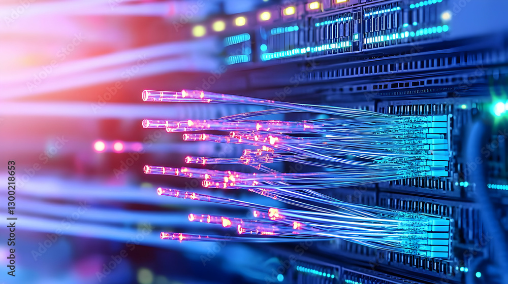 Poster illuminated fiber optic cables transmitting data in a server rack with blue and red lights