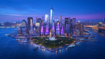 Naklejka premium Aerial Twilight View of Manhattan Island, illuminated skyscrapers, bridges, and harbor