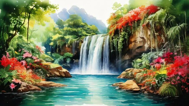 A delicate watercolor painting of a tranquil waterfall, surrounded by vibrant flowers and lush greenery.